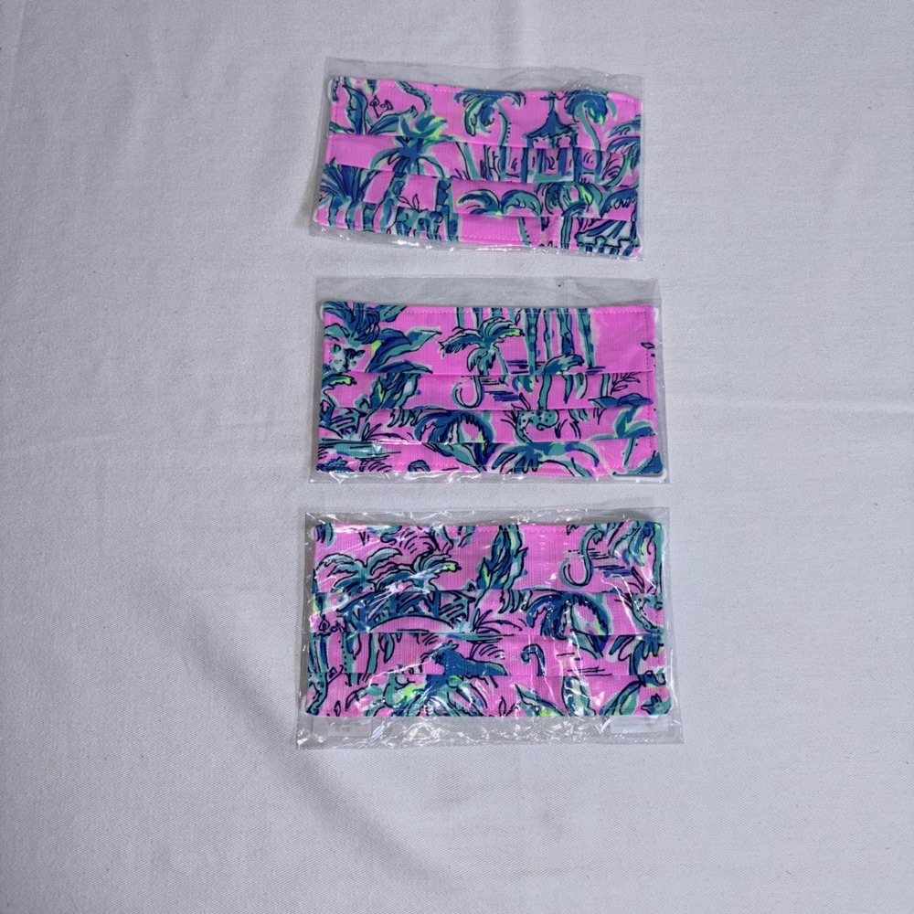 Lilly Pulitzer Face Mask Pink NEW Tropical Palm Print Pleated 3 Pack Mask preppy